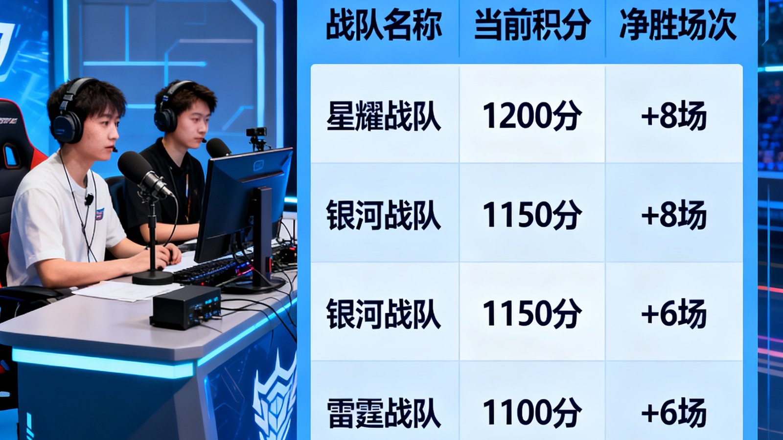 亿万28赛事模块解说席及战队积分排行榜界面