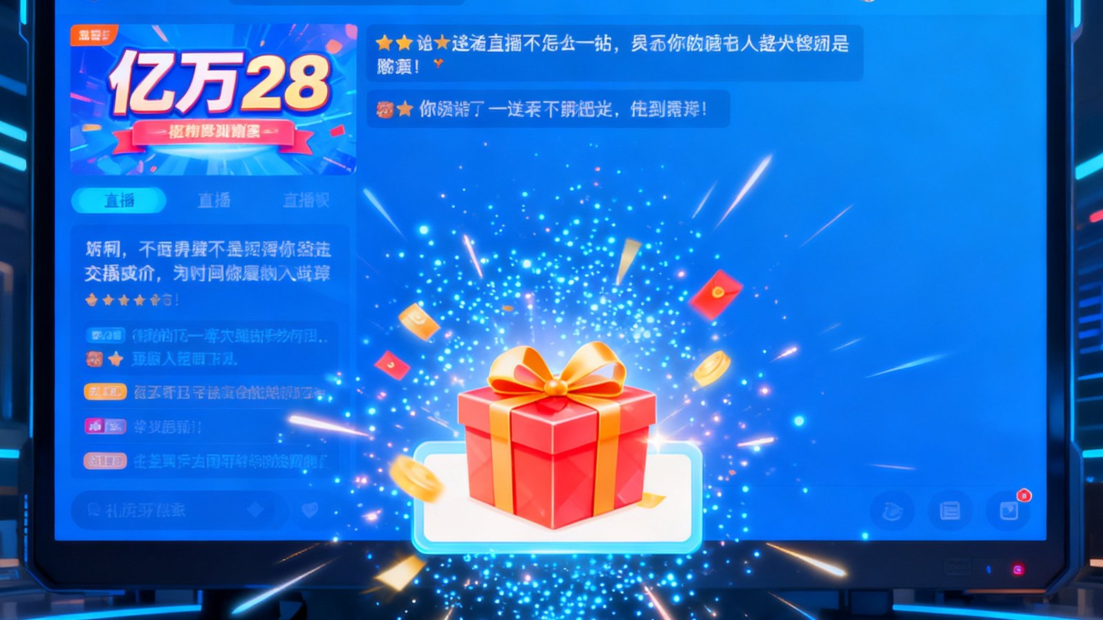 亿万28直播板块嵌入虎牙直播，弹幕与礼物互动活跃